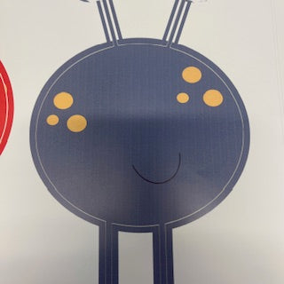 Cartoonish character with a blue face, yellow dots, and red circle on a white background