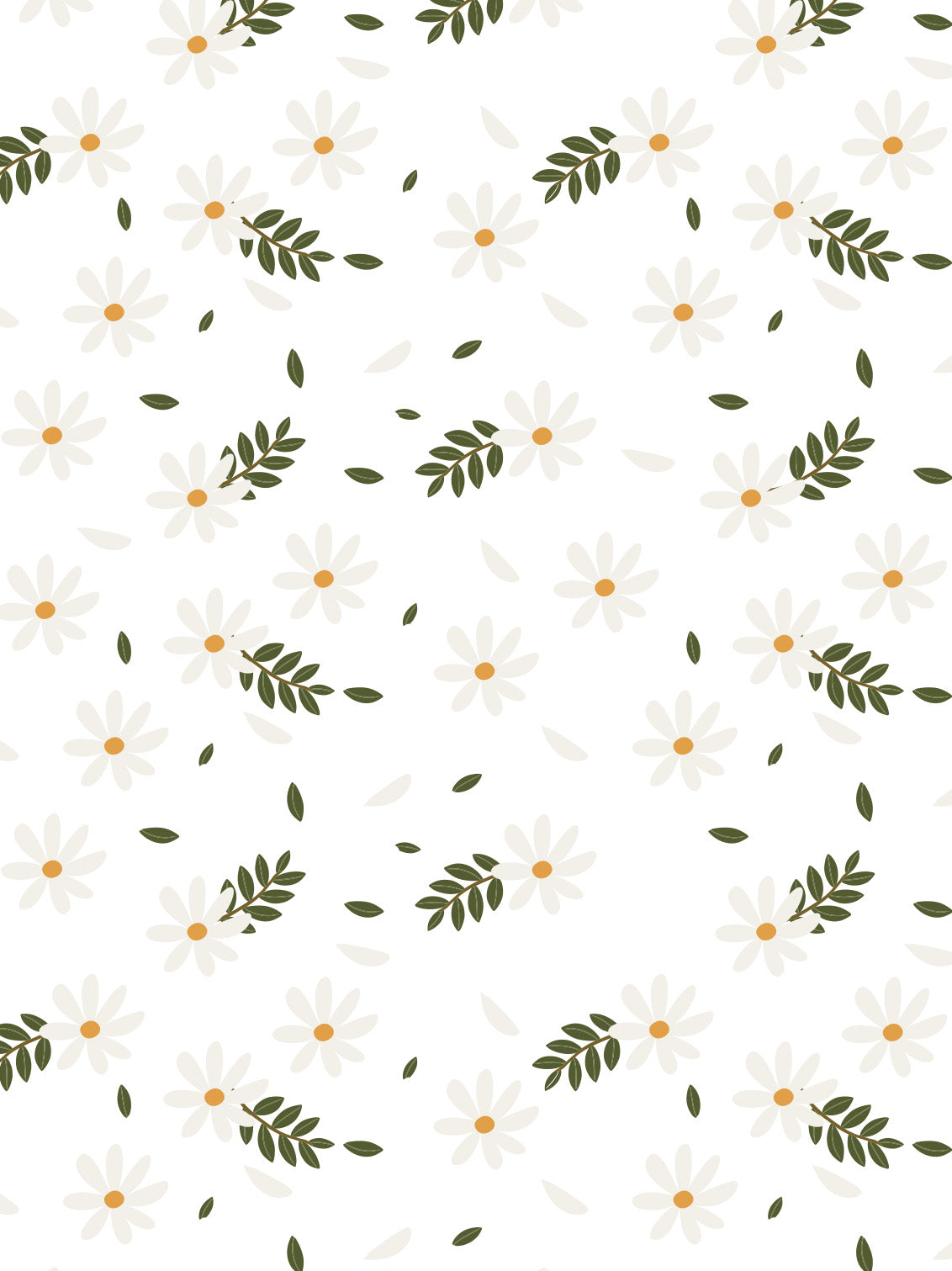 Pattern of white flowers with green leaves on a white background