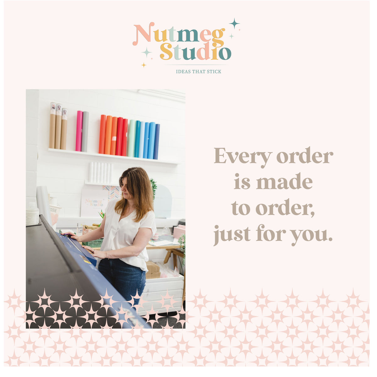 Promotional graphic for Nutmeg Studio featuring a photo of a woman working in a bright craft studio with colorful rolls of material on shelves, alongside the text &
