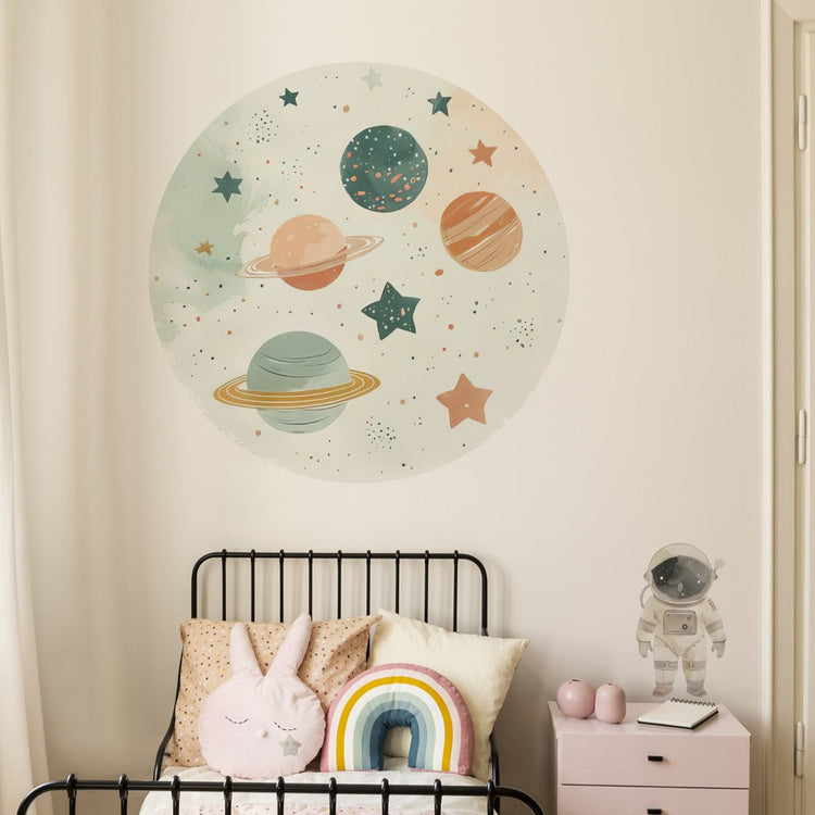 Joanie & Jeanie - Planet and Stars Circle Wall Sticker Mural with Astronaut