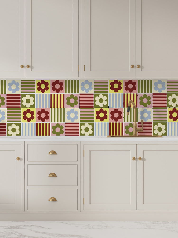 Joanie & Jeanie - Retro Flowers & Stripes Tile Stickers