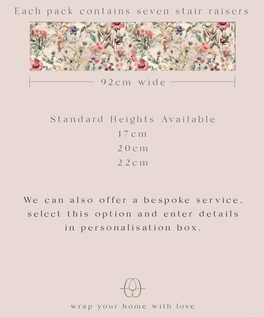Product packaging with floral design and text about stair raisers on a patterned background