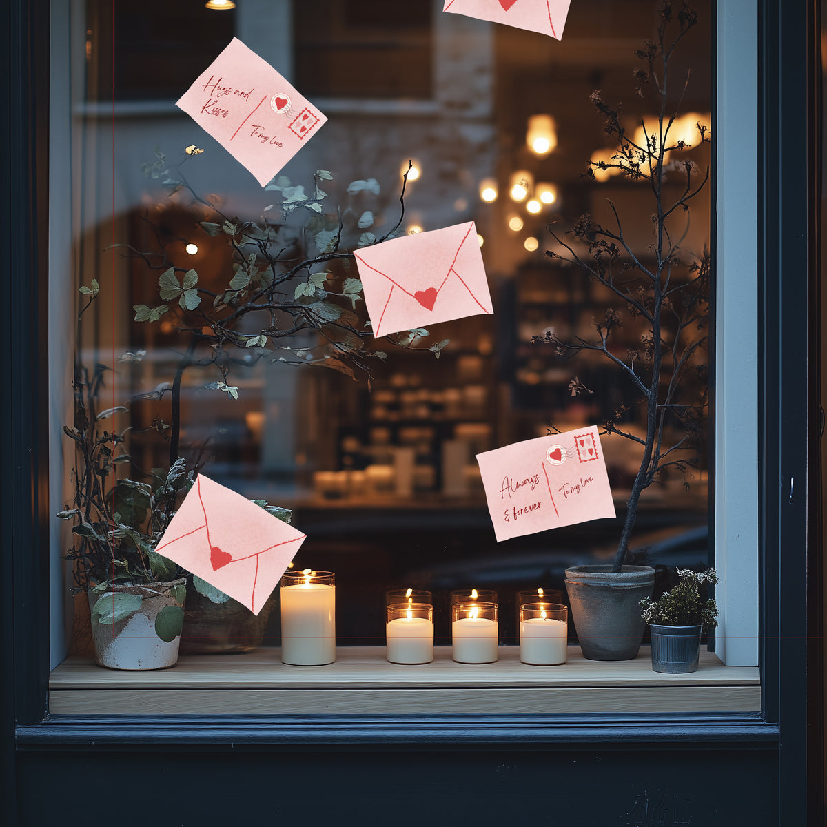 Decorative window display with candles, plants, and Love Letter Retail window sticker heart-themed cards.