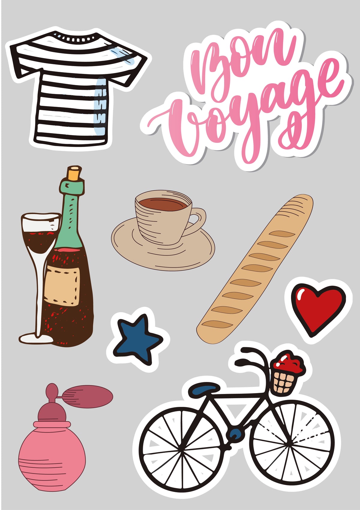 Illustrations of a t-shirt, bottle, cup, bread, wine glass, star, bicycle, and perfume bottle on a gray background with &