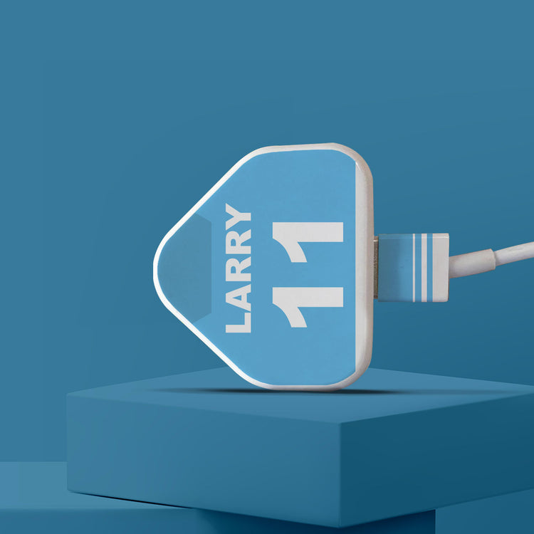 Personalised Football Charger & Cable Sticker in Cyan & White