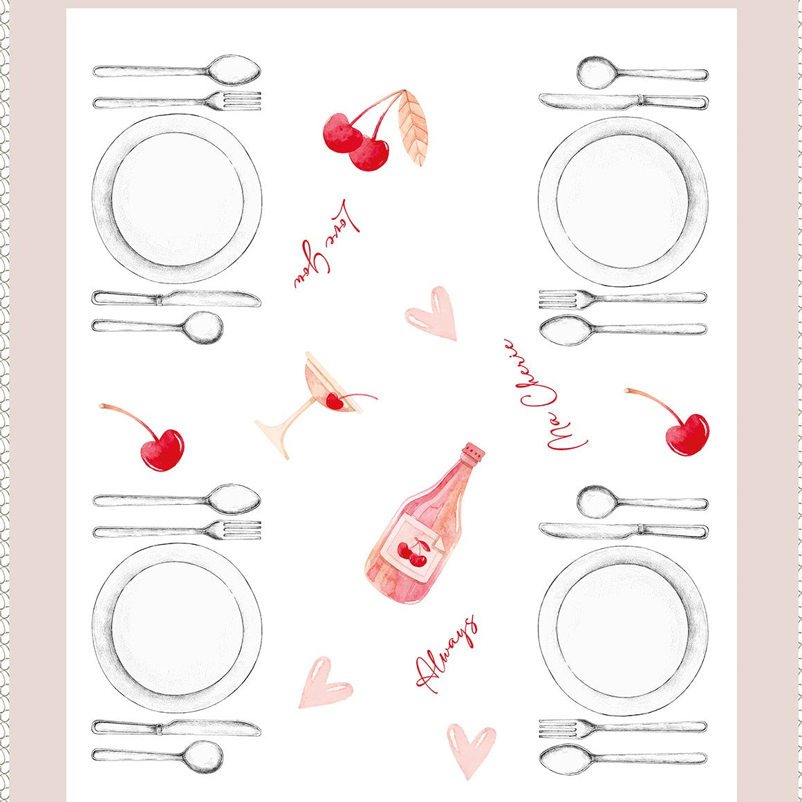 Tablecloth stickers with cutlery, wine glasses, and bottles design on a patterned background.