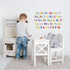 Alphabet & Numbers Wall Sticker. this sticker is the alphabet written out with both upper and lower case letters, with the numbers from 1 to 10 underneath the complete alphabet.All lower case letters in a light grey vinyl, all numbers and upper case letters in different colours including green, orange, blue, red, yellow, pink, purple and brown. Shown on a white wall, a children&