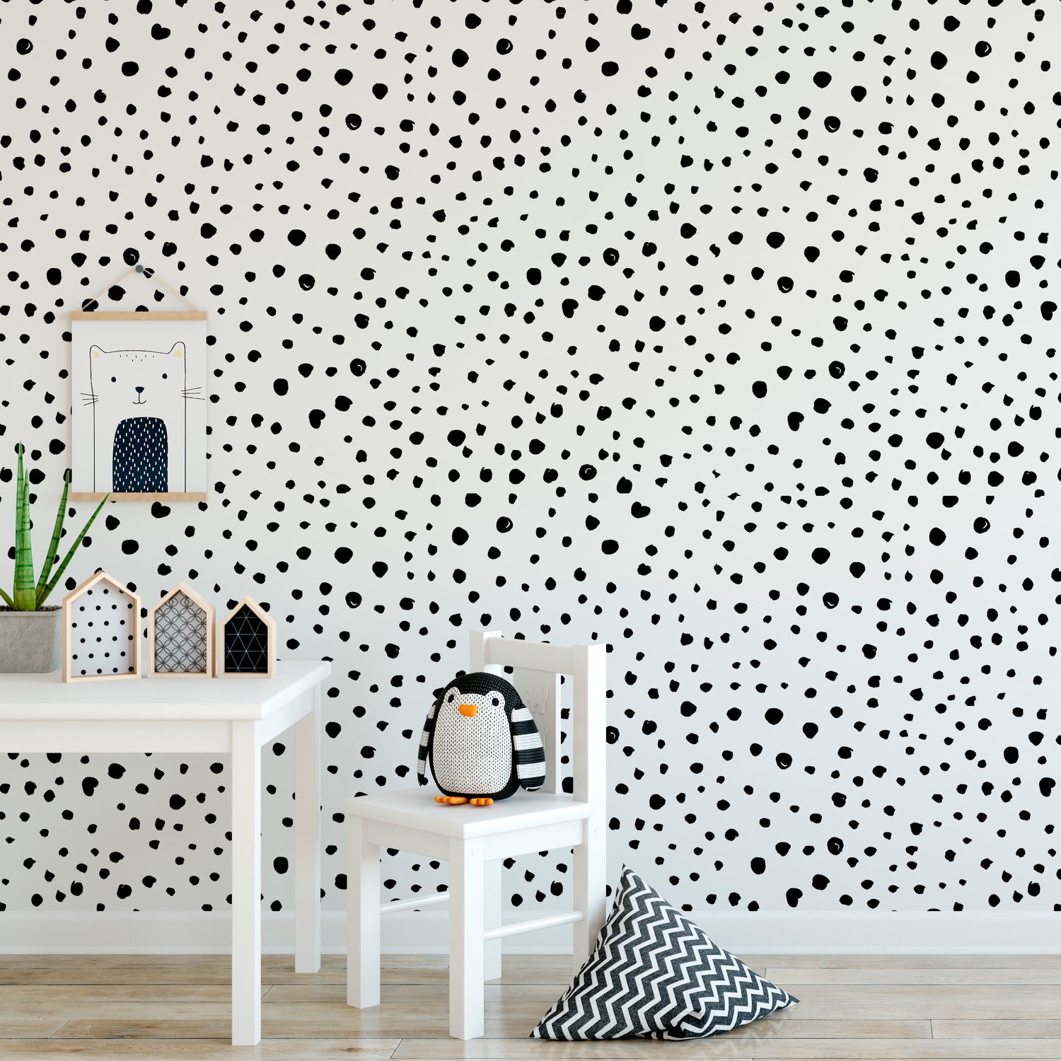Black Dalmatian Dots Self-Adhesive Wallpaper.  A white background wallpaper with black dots that can be used in any room.