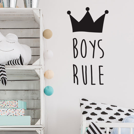 Boys rule wall sticker with crown detail in black on white wall