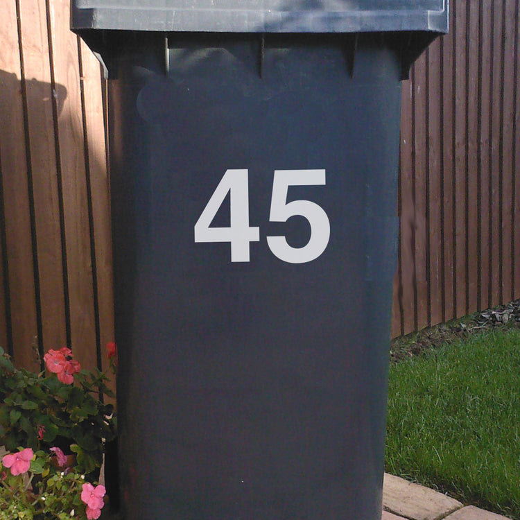 Bin Street Number or Name Sticker used to identify which bin is yours. Shows a white vinyl on a black bin.