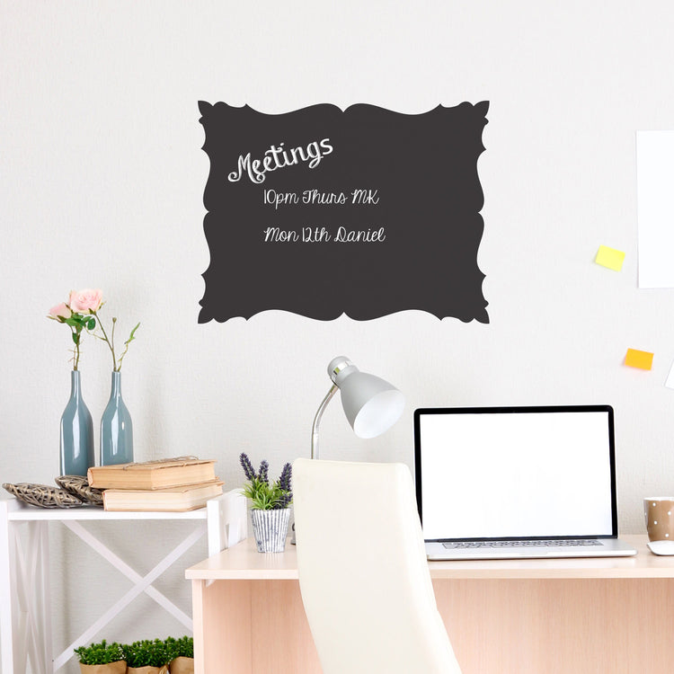 Baroque Chalkboard Wall Sticker. Shows one panel in A3, can be used as a noticeboard or planner. shown as black chalkboard vinyl on a white wall. Also available in sizes A4, A2, A1 and A0.