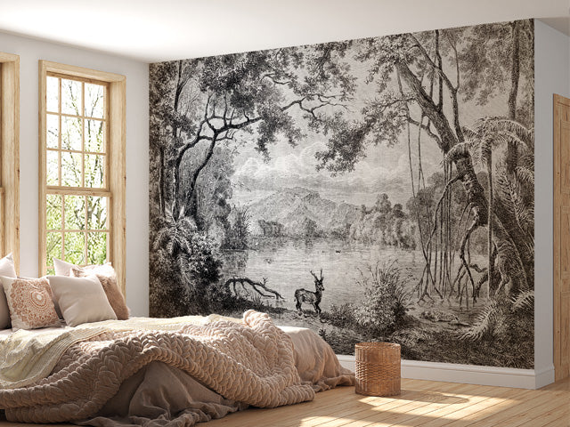 Mural of Nature Scene in Peaceful Bedroom.