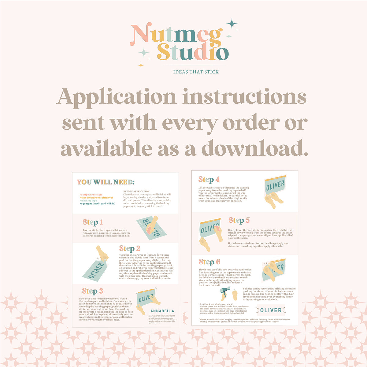 Application instructions from Nutmeg Studio on a light background with decorative elements.
