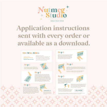 Application instructions from Nutmeg Studio on a light background with decorative elements.