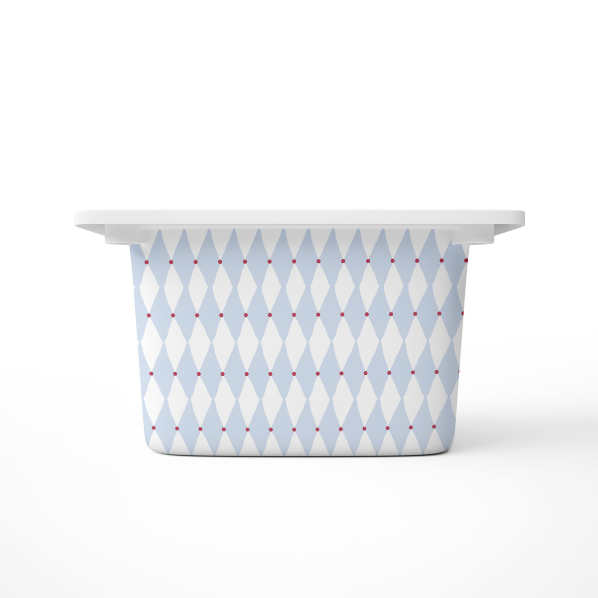 A medium rectangular storage bin, featuring a light blue and white harlequin diamond pattern with small red dots, shown on a clean white background.