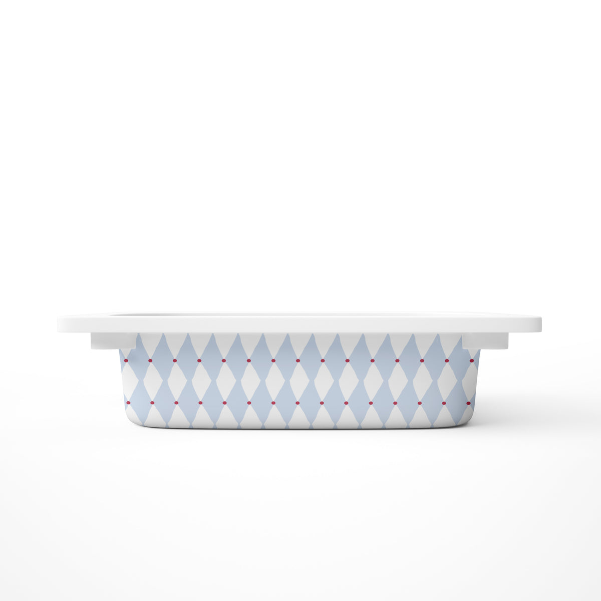 A small rectangular storage bin, featuring a light blue and white harlequin diamond pattern with small red dots, shown on a clean white background.