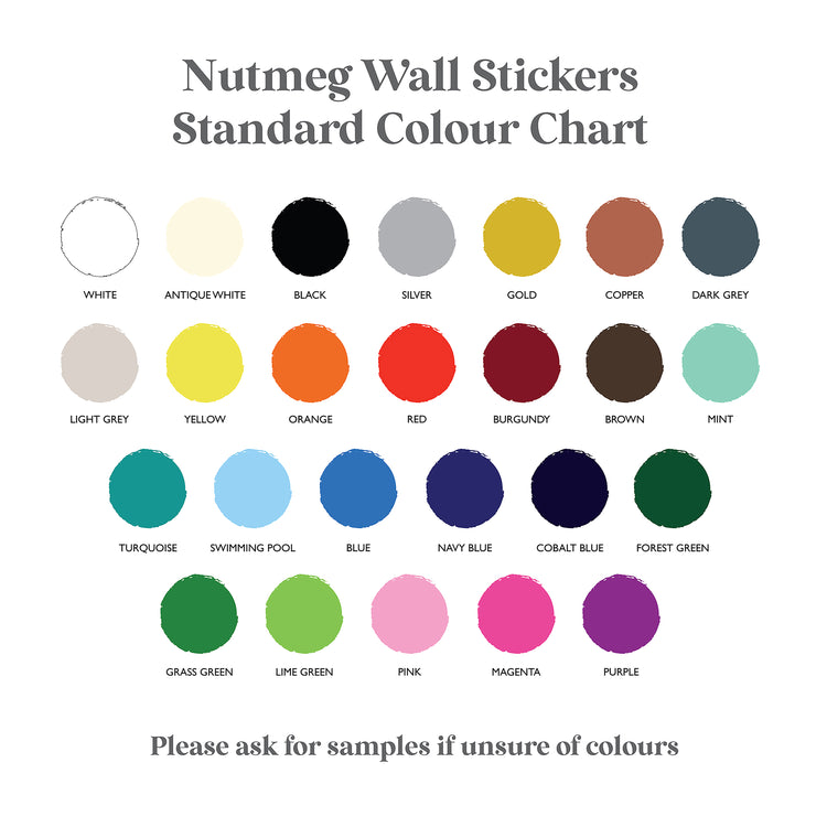 A Nutmeg Wall Stickers Standard Colour Chart on a white background, displaying 30 circular color swatches with their names written underneath, including White, Black, Silver, Gold, Copper, Dark Grey, Light Grey, Yellow, Orange, Red, Burgundy, Brown, Mint, Turquoise, Swapping Pool, Blue, Navy Blue, Cobalt Blue, Forest Green, Grass Green, Lime Green, Pink, Magenta, Purple, and Green.