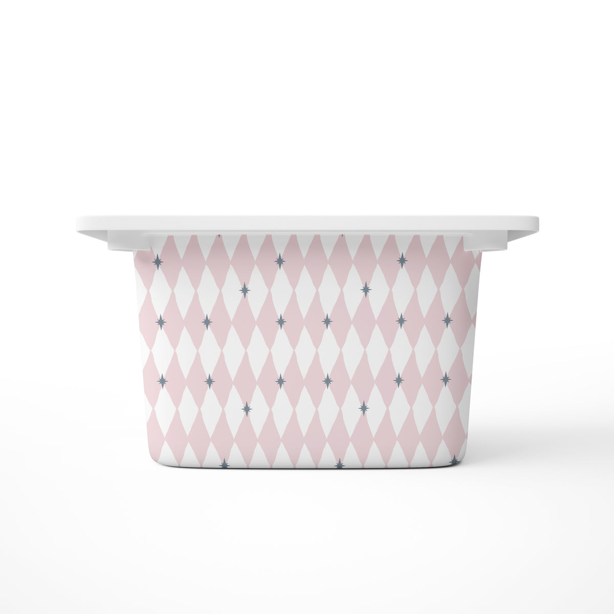 Rectangular drawer with pink and white diamonds with a grey star.