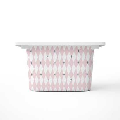 Rectangular drawer with pink and white diamonds with a grey star.