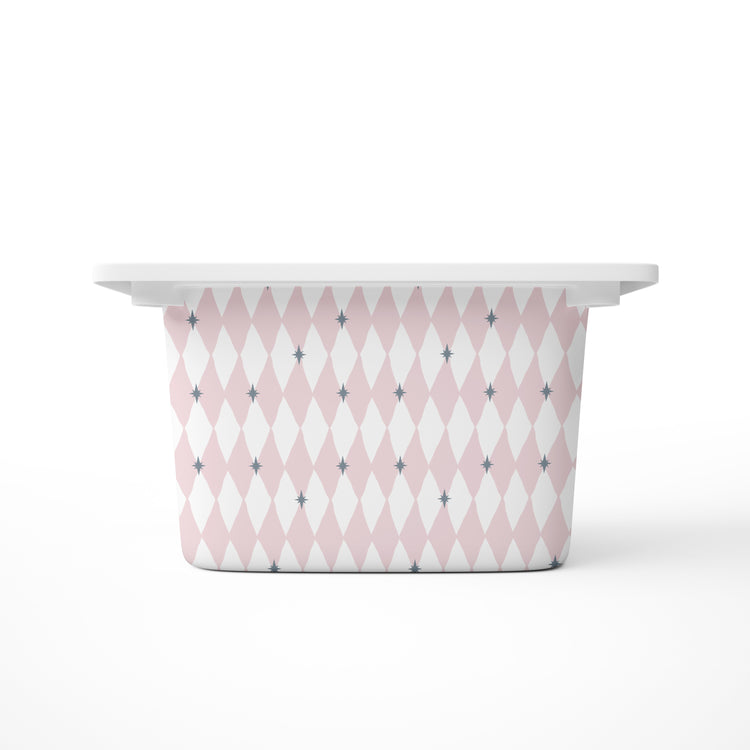 Rectangular drawer with pink and white diamonds with a grey star.
