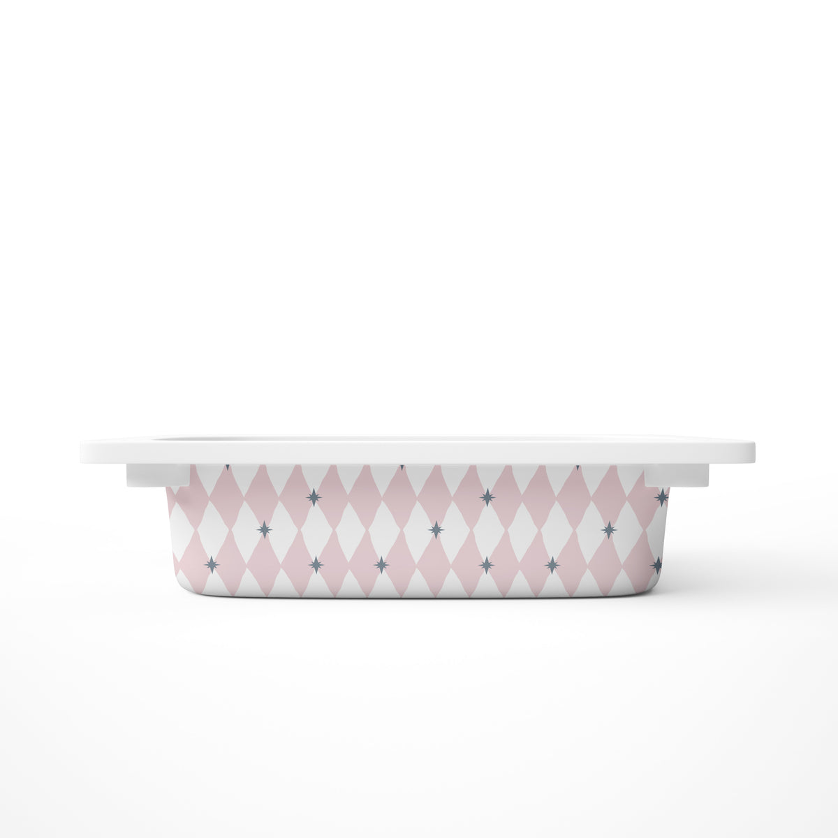 A small rectangular drawer with a pink and white harlequin diamond pattern on the sides, shown from a side profile against a clean white background.