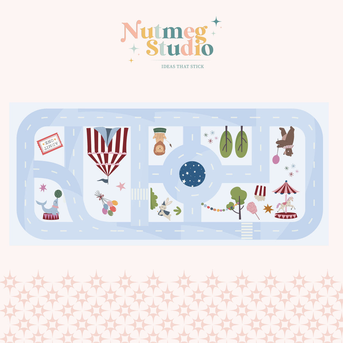Circus Play Sticker with roads, circus themed animals, circus tent, merry go round and trees on a pink background