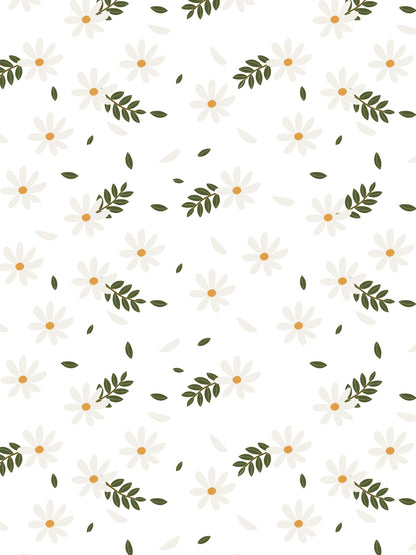 Pattern of white flowers with green leaves on a white background