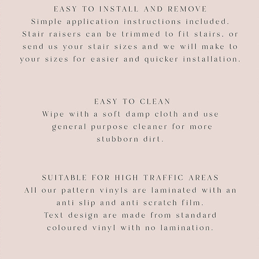 Product description card for stair raisers with text on a patterned background