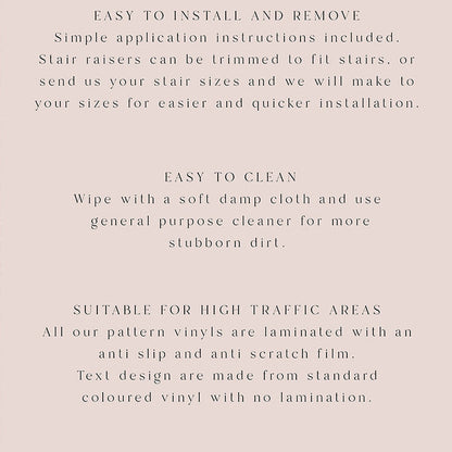 Product description card for stair raisers with text on a patterned background