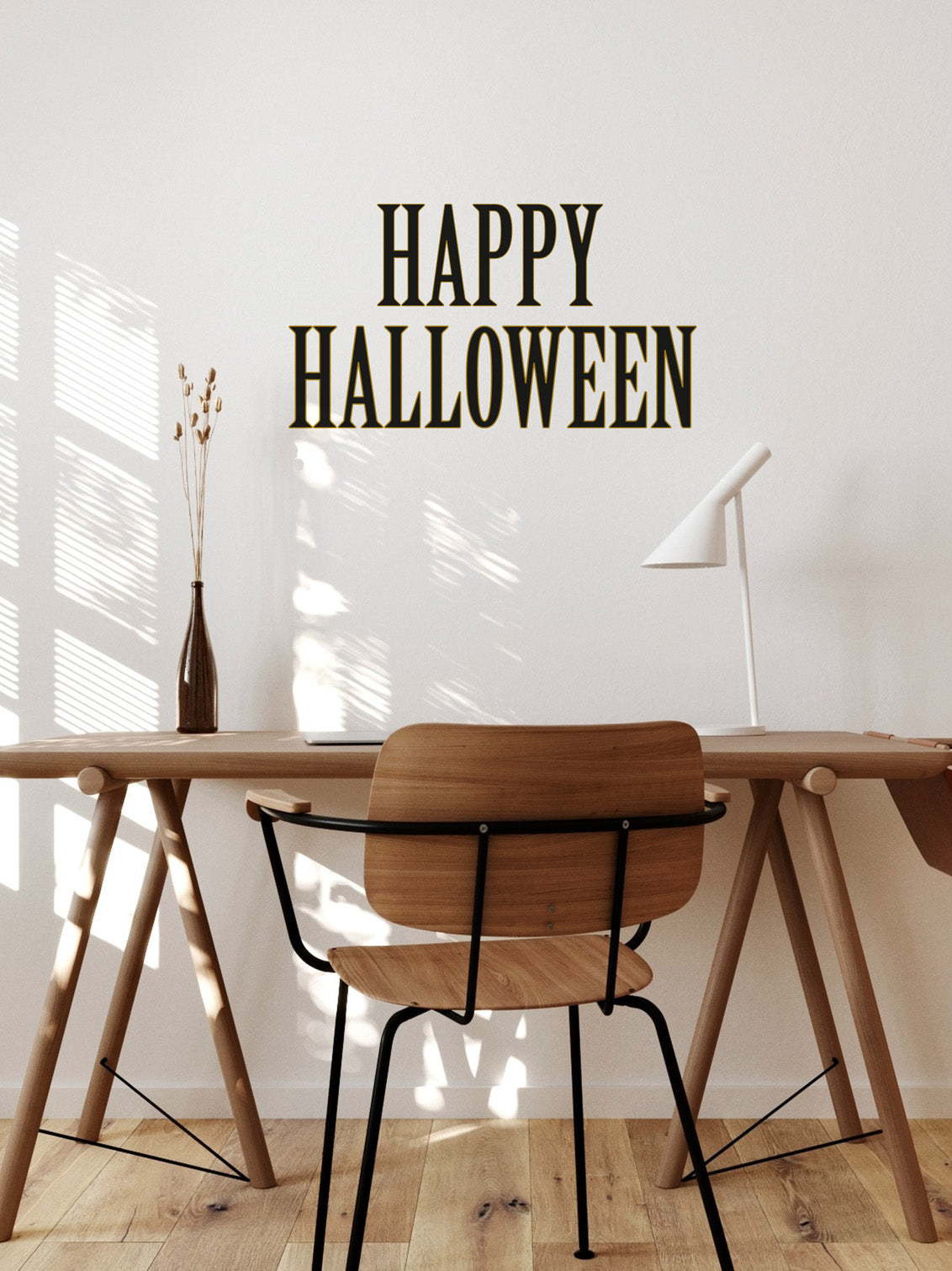 Wooden dining table with chair against a white wall with &