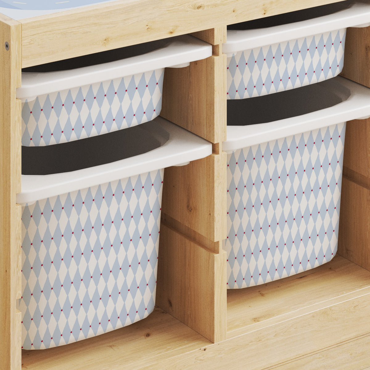 Two light blue and white patterned laundry hamper bins with white lids, shown inside a light wood storage organizer.