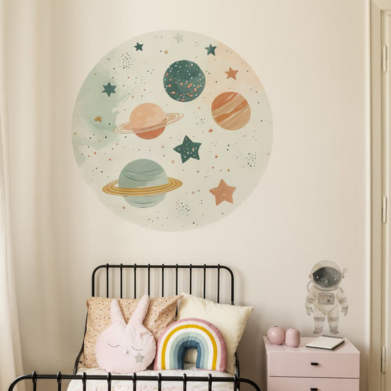 Joanie & Jeanie - Planet and Stars Circle Wall Sticker Mural with Astronaut