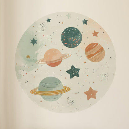 Joanie &amp; Jeanie - Planets and Stars Circle Wall Sticker Mural with Astronaut close up