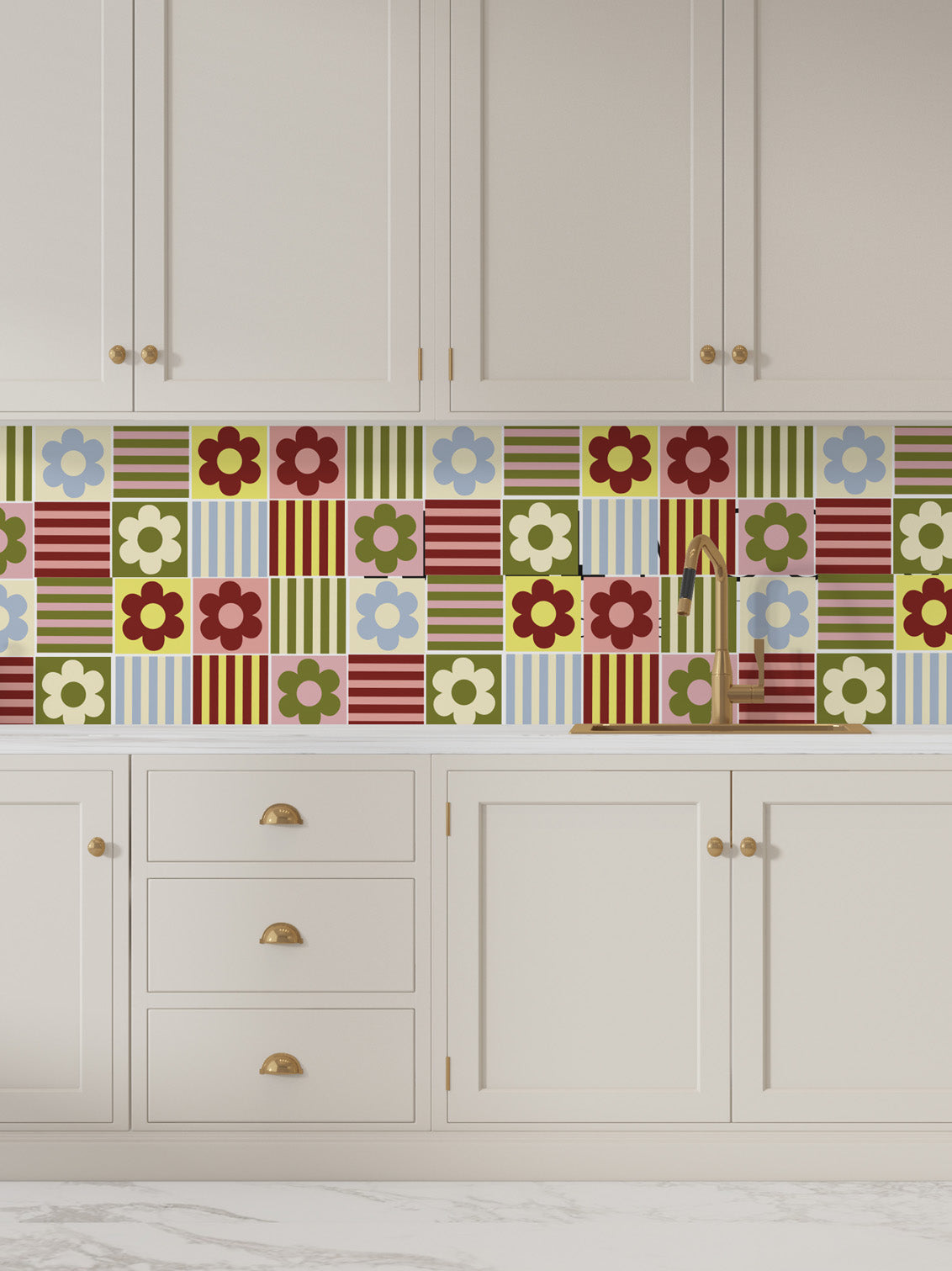 Joanie &amp; Jeanie - Retro Flowers &amp; Stripes Tile Stickers