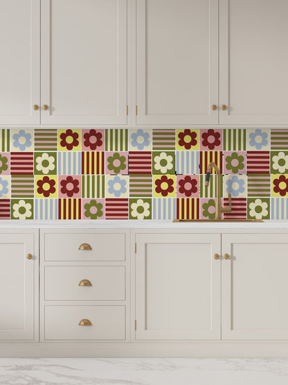 Joanie &amp; Jeanie - Retro Flowers &amp; Stripes Tile Stickers