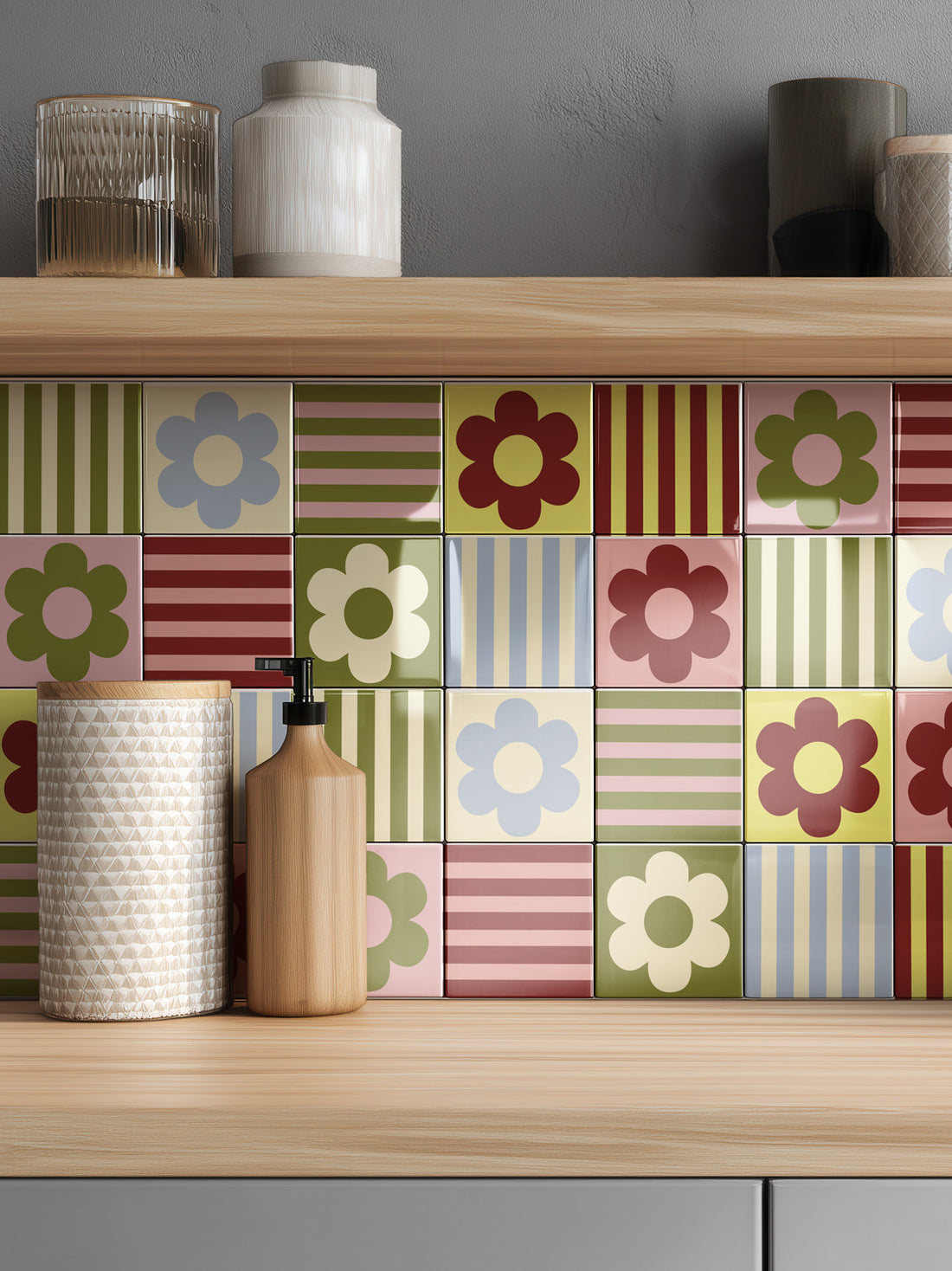 Joanie &amp; Jeanie - Retro Flowers &amp; Stripes Tile Sticker