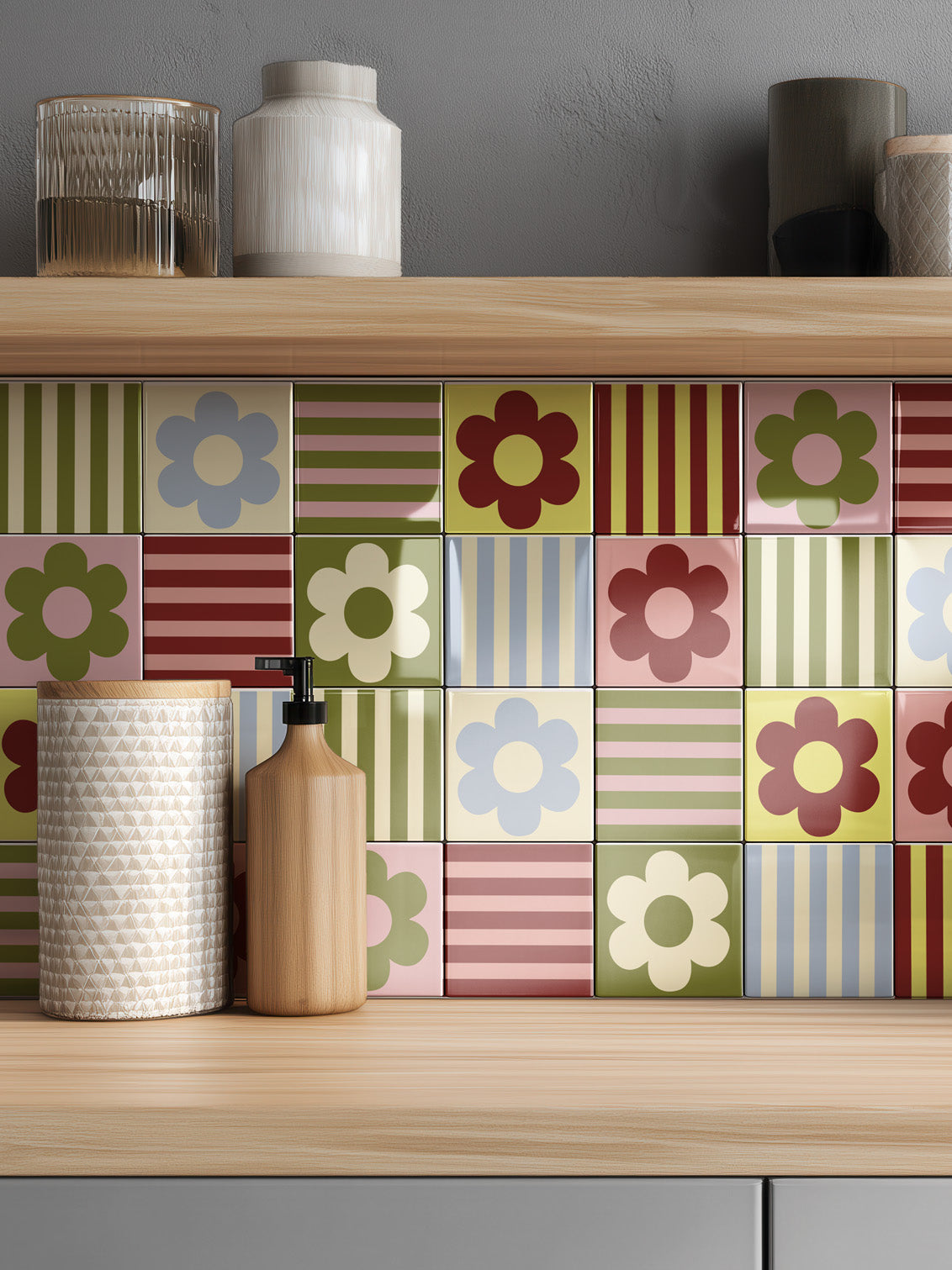Joanie &amp; Jeanie - Retro Flowers &amp; Stripes Tile Sticker
