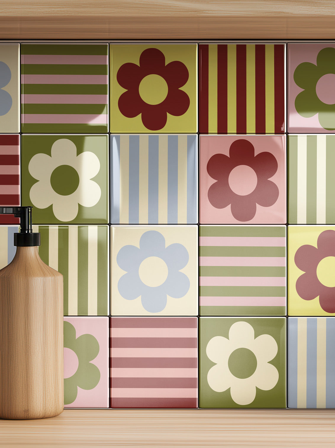 Joanie &amp; Jeanie - Retro Flowers &amp; Stripes Tile Stickers