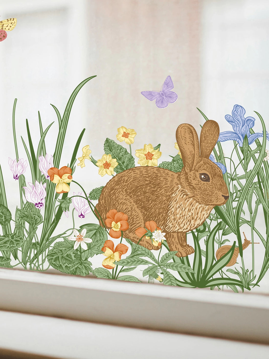 Joanie &amp; Jeanie - Spring Florals With Bunnies Window Cling Close up