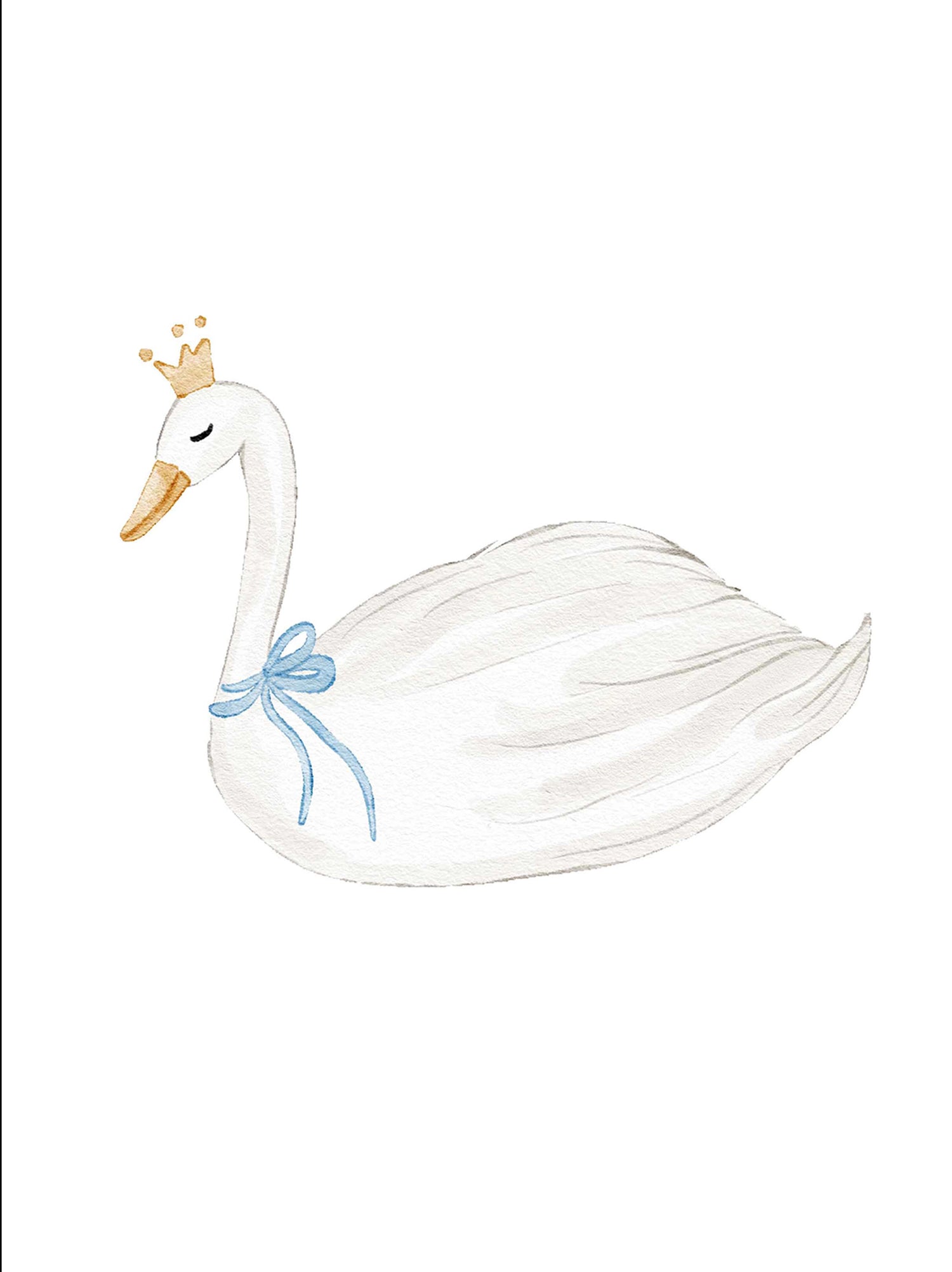 White swan with a blue bow and gold crown on a white background