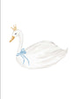 White swan with a blue bow and gold crown on a white background