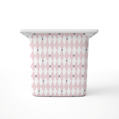 A Large rectangular storage bin, featuring a pink and white harlequin diamond pattern with small blue star accents, shown on a clean white background.
