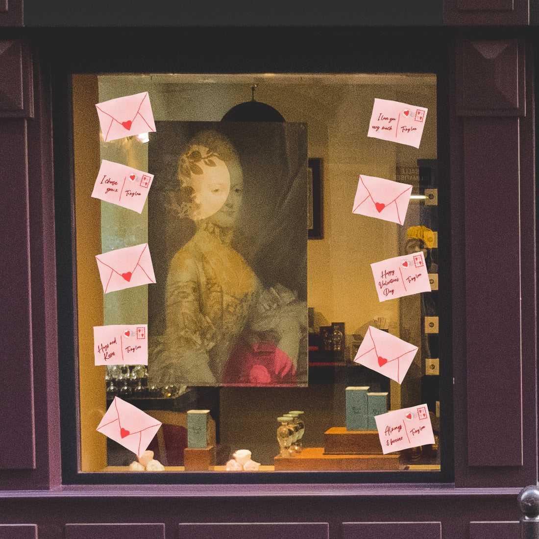 Vintage portrait in a window with Love Letter Retail Window Stickers