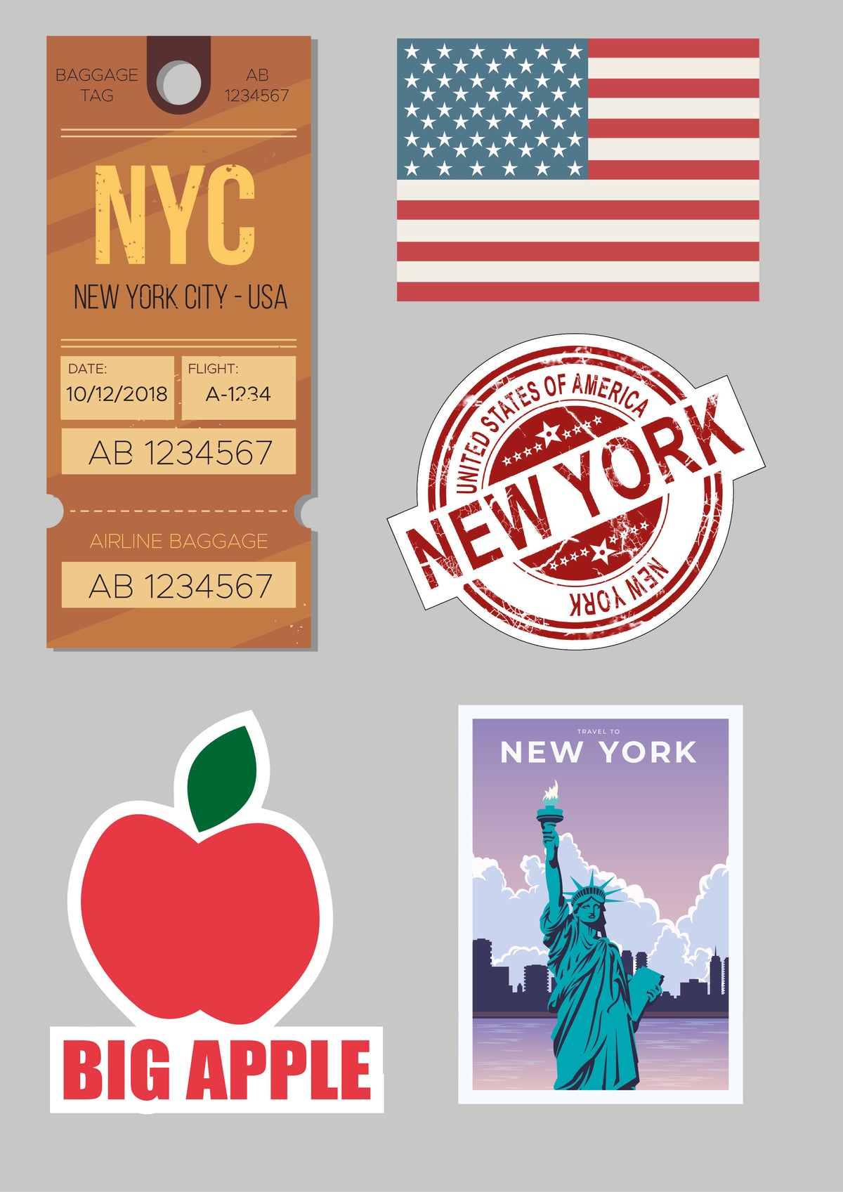 Collection of New York-themed stickers including a luggage tag, American flag, stamp, apple, and Statue of Liberty on a gray background.