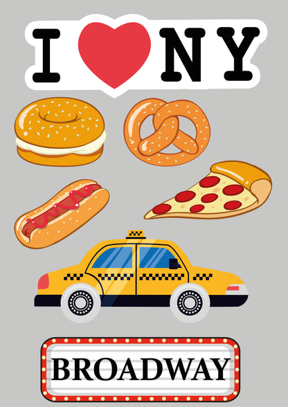 Illustrations of a bagel, pretzel, hot dog, pizza, taxi, and Broadway sign on a gray background with &