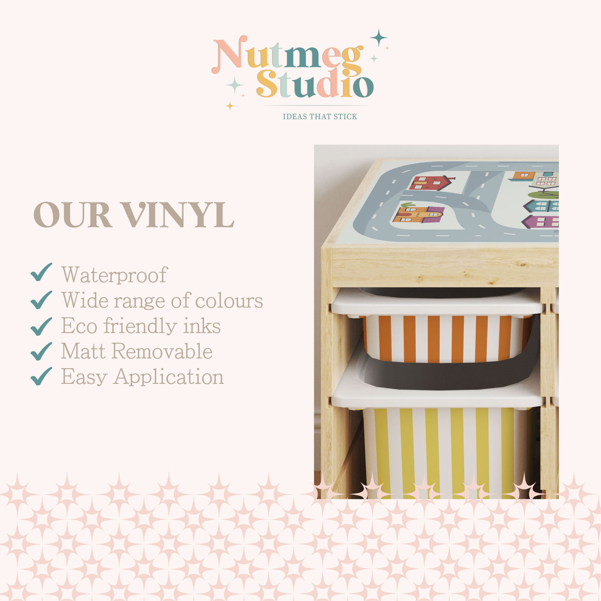 Promotional graphic for Nutmeg Studio vinyl table mats and storage bins, showing a light wood table with a printed playmat and striped bins, alongside text highlighting waterproof, colorful, and eco-friendly qualities.