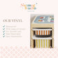 Promotional graphic for Nutmeg Studio vinyl table mats and storage bins, showing a light wood table with a printed playmat and striped bins, alongside text highlighting waterproof, colorful, and eco-friendly qualities.