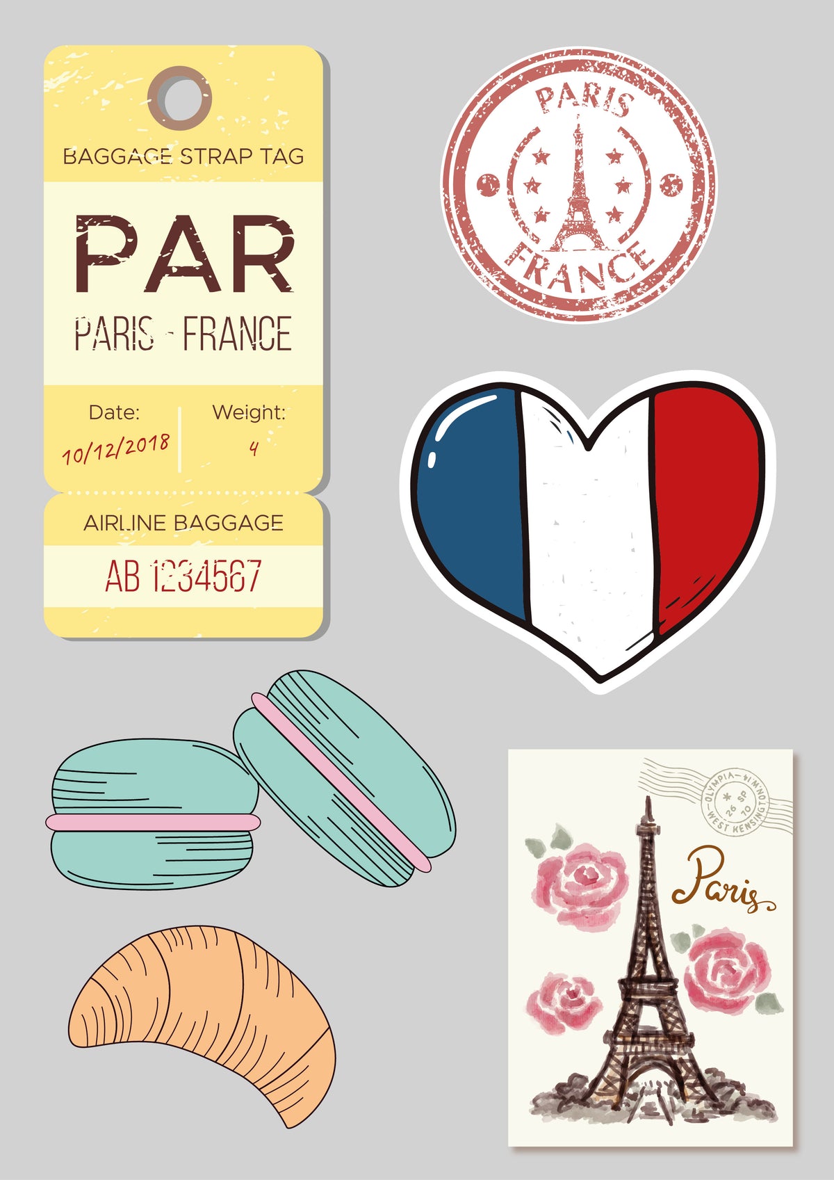Collection of Paris-themed items including a luggage tag, heart-shaped sticker with French flag, macarons, and Eiffel Tower postcard on a gray background.