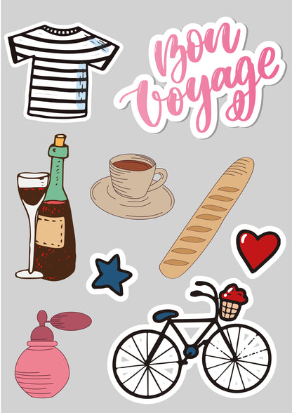 Illustrations of a t-shirt, bottle, cup, bread, wine glass, star, bicycle, and perfume bottle on a gray background with &