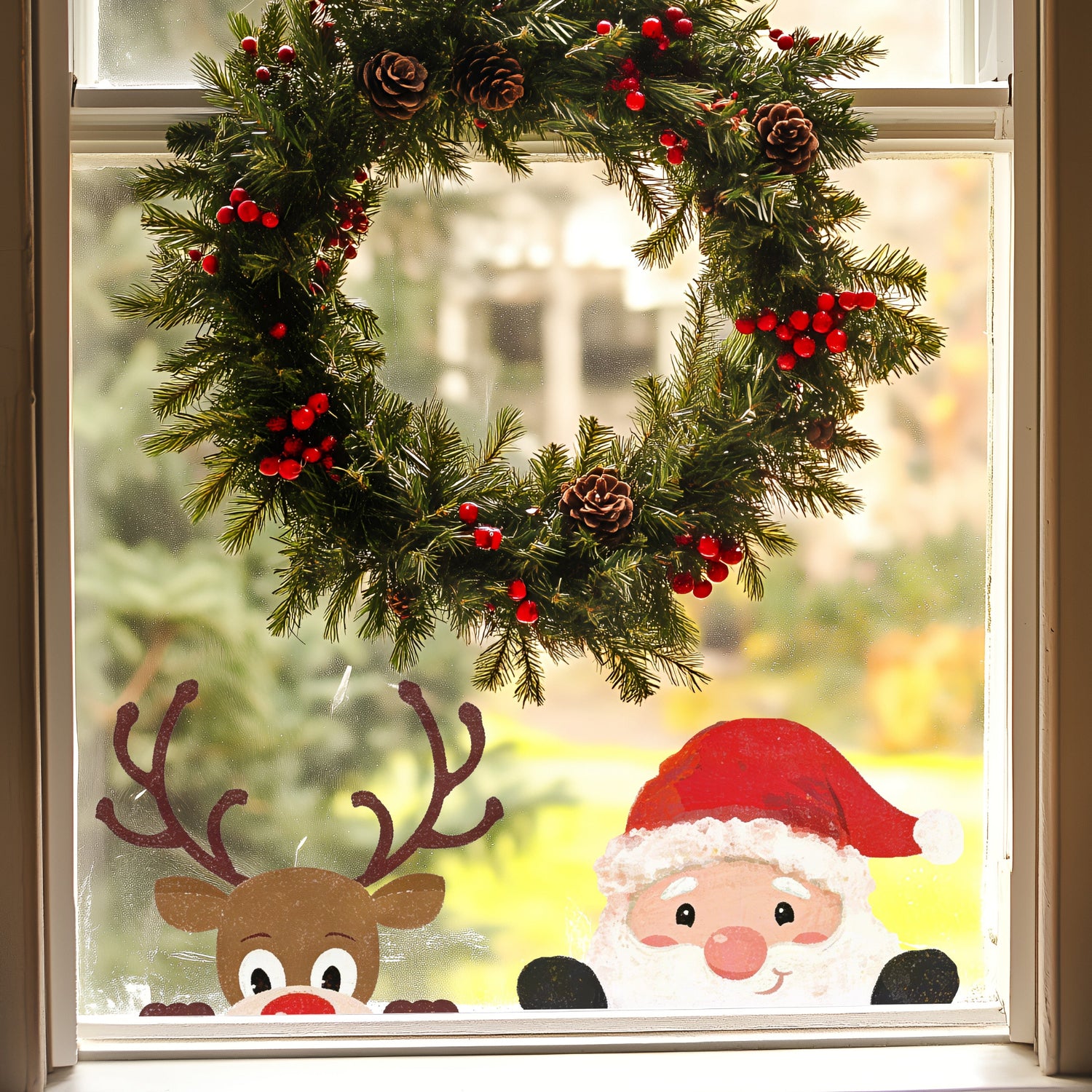 A festive Christmas window decoration featuring a brown reindeer head sticker with large antlers, a red nose, and white eyes, next to a santa head sticker with a red hat, white beard, black gloves and a cheeky face, positioned below a green pine garland with red berries.